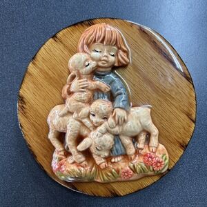 Vintage Wooden Plaque Wall Hanging Decor Porcelain Girl And Sheep Lambs